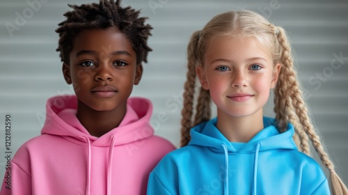 Boy and girl with pigtail in sportswear. Generation AI.