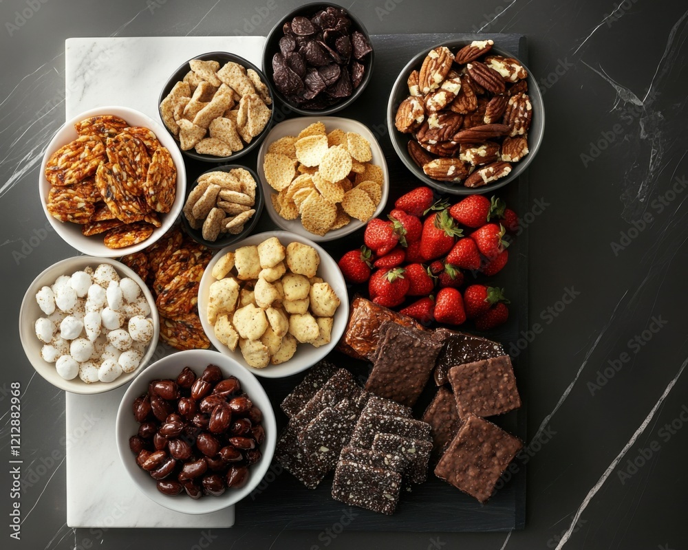 A sugar-free snack tray, on a contemporary kitchen counter, showcasing the variety and taste of sugar-free treats A sugar-free snack tray, on a contemporary kitchen counter, showcasing the variety and taste of sugar-free treats