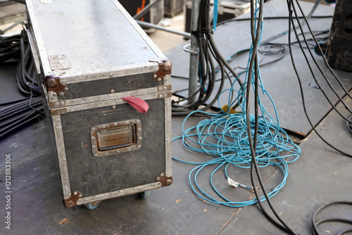 Equipment case on stage with tangled cables during a live music event at an outdoor venue
