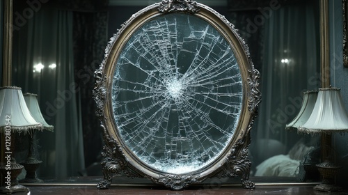 Cracked antique mirror, bedroom, dark, horror, film still photo