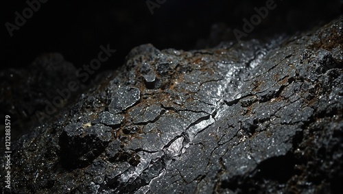 Glimmering galena vein in dark cave illuminated by flashlight