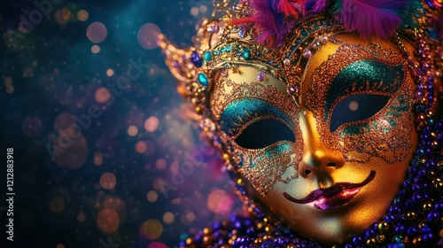 Mardi gras banner background. Golden carnival mask with colorful beads photo