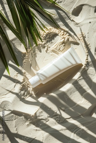 A white tube mockup of lotion rests on sandy ground, surrounded by palm leaves, casting soft shadows under warm sunlight, evoking a serene beach atmosphere.