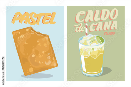 Pastel and Caldo de cana vector. Brazilian fryed pastry and sugarcane drink set.