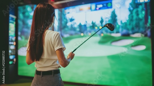 Girl playing golf on screen and golf simulator. Young golfer playing golf video game indoors
