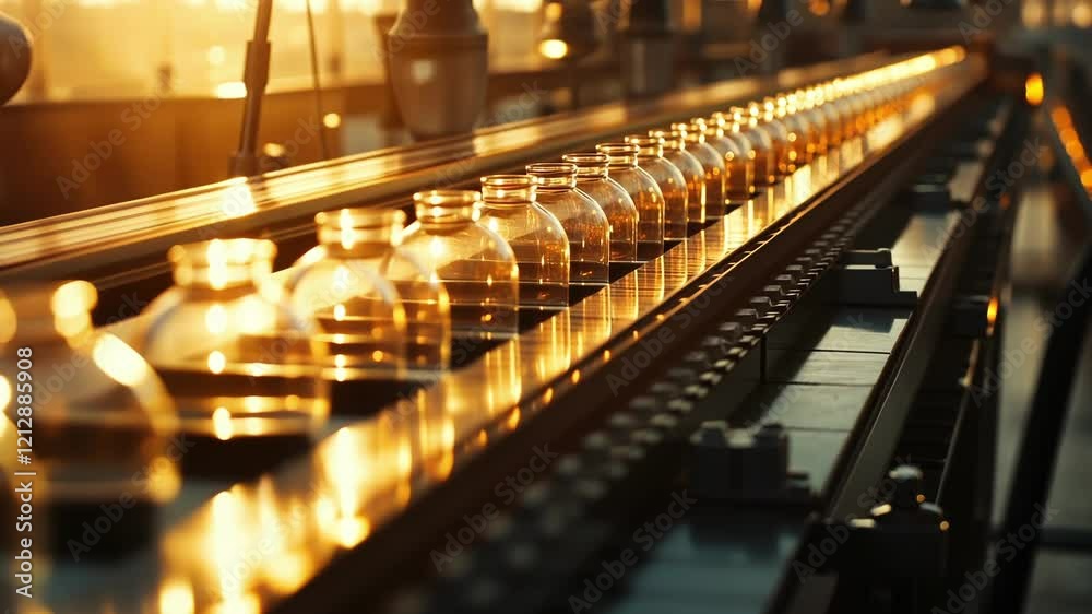 Empty glass bottles moving on an industrial conveyor belt in a modern factory at sunset, highlighting the automated manufacturing process in various industries