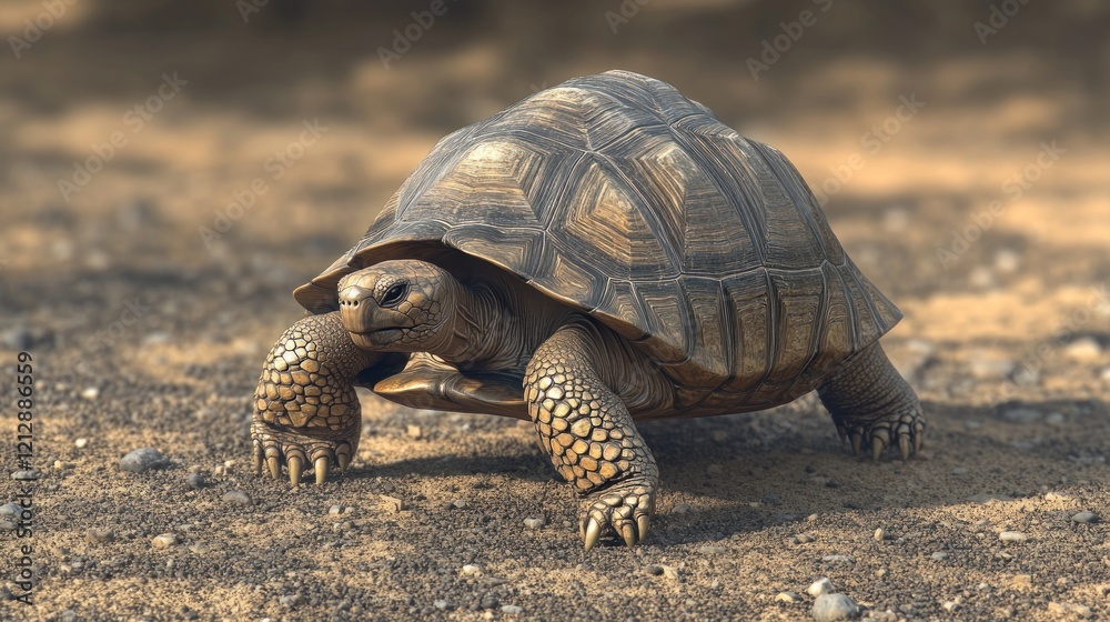 Fototapeta premium Close-up view of a Tortoise with a brown shell walking on sandy and rocky ground in daylight