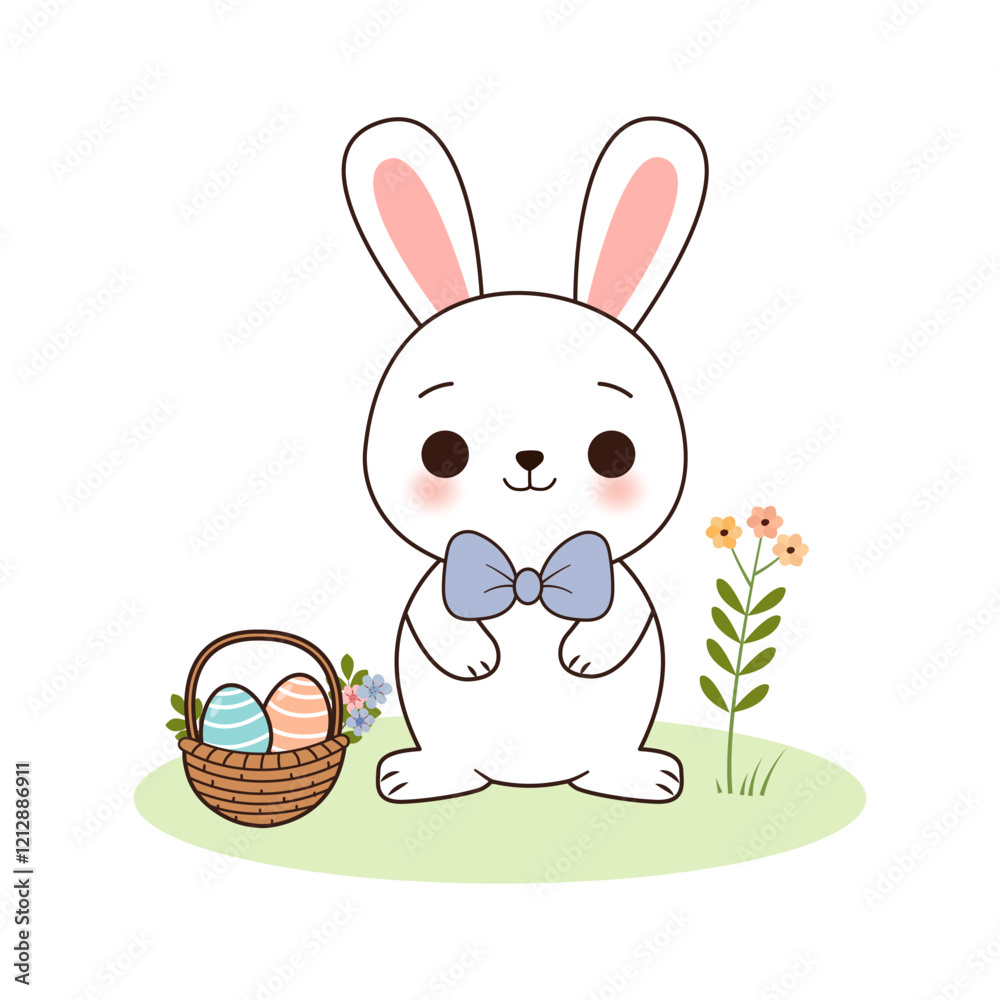 Fototapeta premium Cute Easter bunny with Easter eggs. A rabbit drawn by hand. Vector illustration.