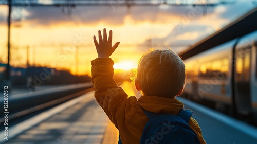 A child waving goodbye to grandparents at a platform window as the train starts to move, symbolizing emotional farewells