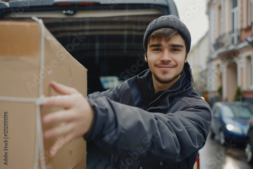 Smiling Mailman Delivering Letters and Parcels in Residential Neighborhood, Generative AI photo