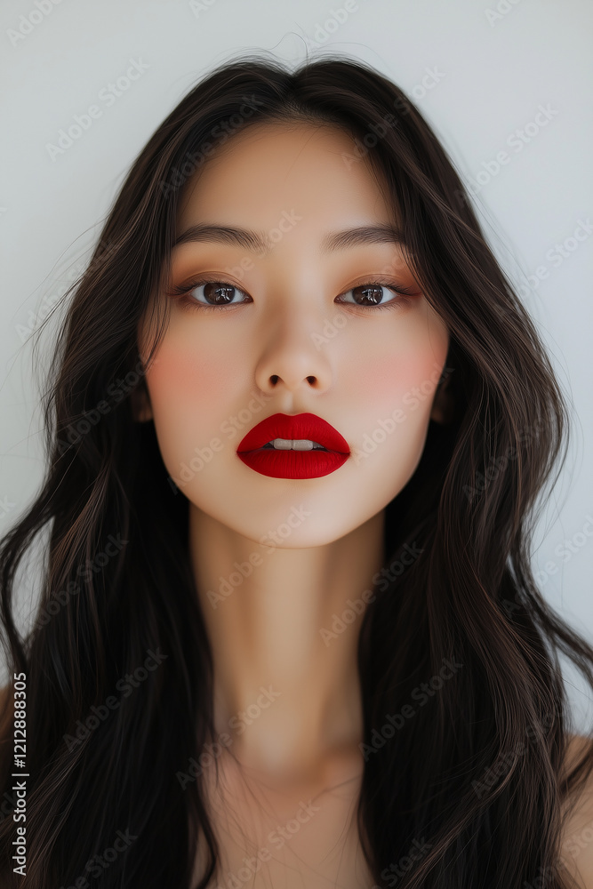Attractive Portrait of a Young Woman with Radiant Makeup and Bold Red Lipstick Attractive Portrait of a Young Woman with Radiant Makeup and Bold Red Lipstick