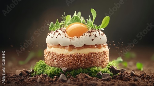 Chocolate dessert shaped like a nest, adorned with eggs, leaves, and flowers on a mossy wooden surface, in a natural setting photo