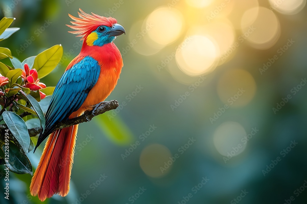 A vibrantly colored parrot perched on a branch in the sunlight A vibrantly colored parrot perched on a branch in the sunlight