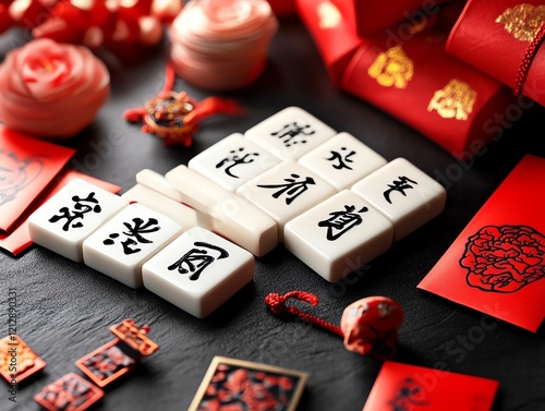 Chinese Mahjong tiles in vibrant detail, surrounded by red envelopes and Lunar New Year decorations photo