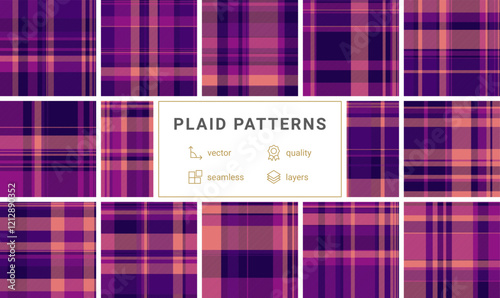 Twelve vibrant purple and peach plaid patterns, perfect for textile design, apparel, or website backgrounds.  Highquality vector seamless designs, easily layered for versatile use.