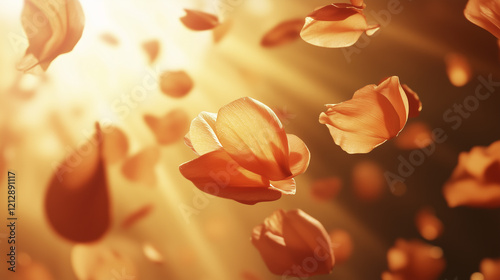 Flower petals falling from sun. Leaves, sun, orange, background rays, rose, petals. Rays sun streak through the petals of a rose. Rays of the sun streak through the petals of a lifestyle rose leaves. photo