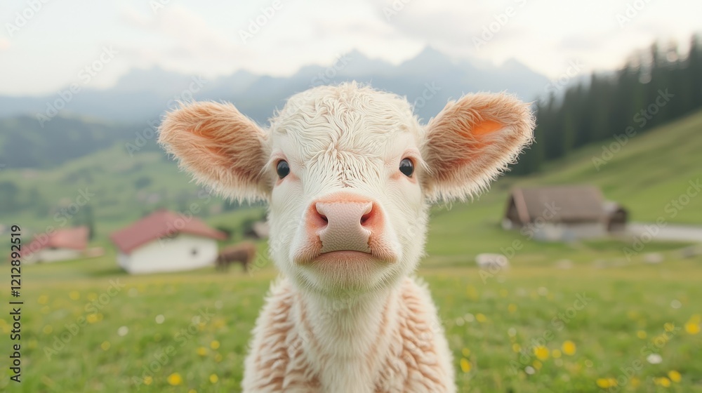 Obraz premium Calf portrait, mountain pasture, rural landscape, idyllic farm