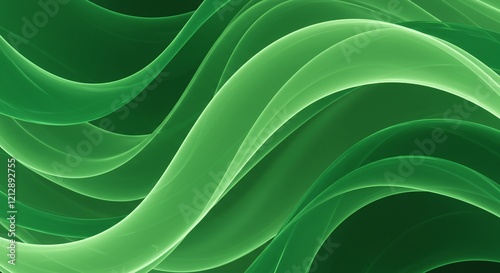 A vibrant abstract image of smooth, layered green waves with translucent effects, creating a dynamic and fresh visual flow. photo