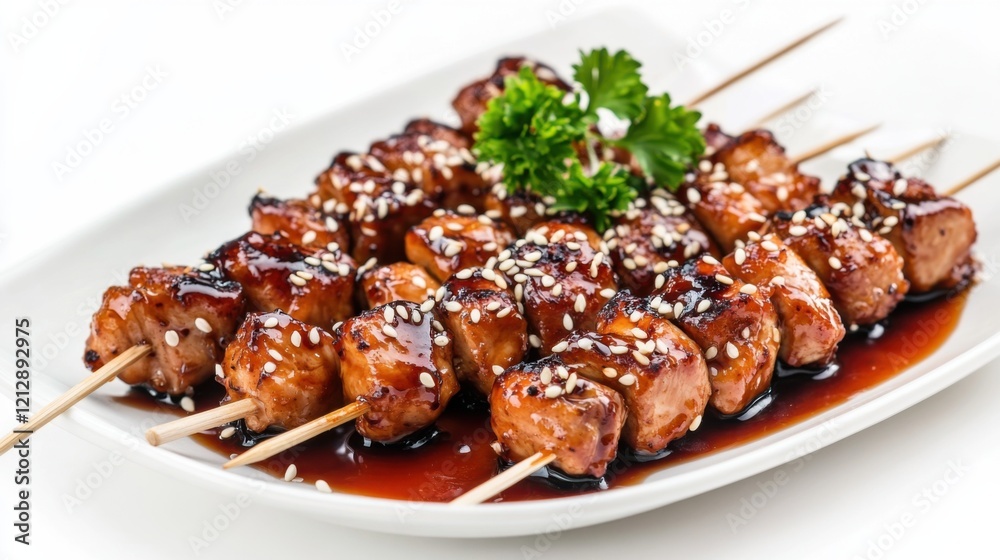 A plate of succulent teriyaki chicken skewers with a sesame seed garnish, Each skewer’s caramelized glaze and tender meat captured with precision A plate of succulent teriyaki chicken skewers with a sesame seed garnish, Each skewer’s caramelized glaze and tender meat captured with precision
