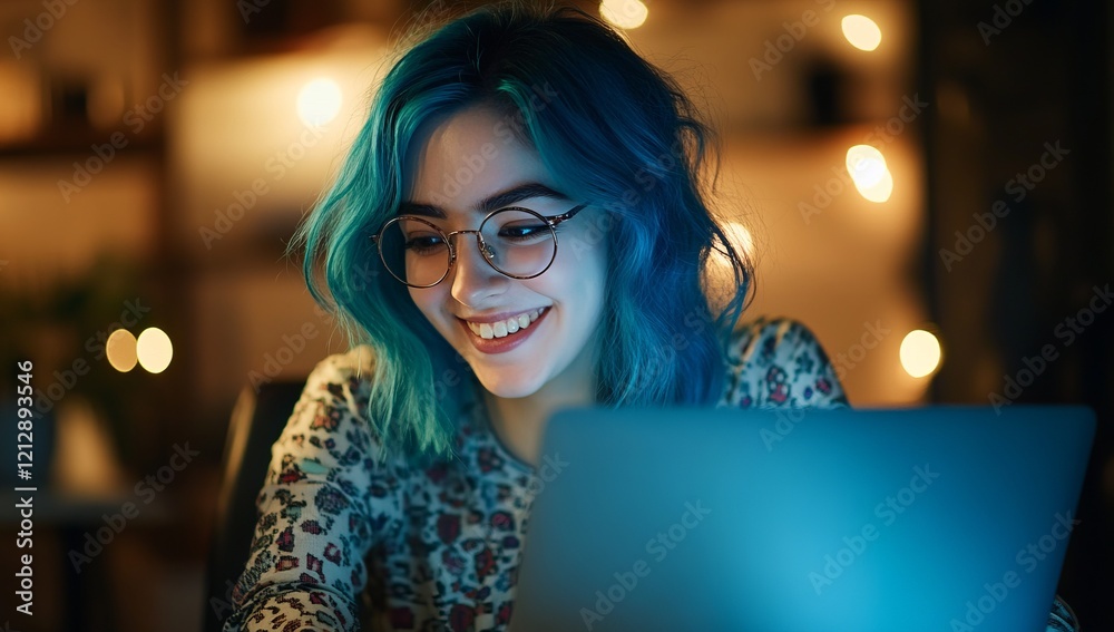 Bright blue-haired woman enjoying a cozy evening while working on her laptop, surrounded by warm lights in a vibrant setting Bright blue-haired woman enjoying a cozy evening while working on her laptop, surrounded by warm lights in a vibrant setting