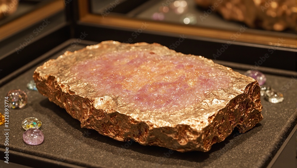 Elegant rose gold slab on velvet with gemstones Elegant rose gold slab on velvet with gemstones