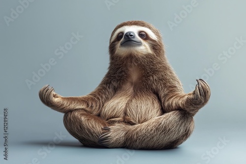 sloth sitting and meditating, studio light color background photo