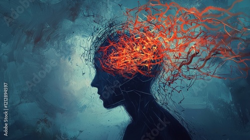 Abstract art of a head silhouette with fiery streams radiating outward, symbolizing inner strength, passion, and mental intensity. Perfect for creativity and conceptual themes. photo