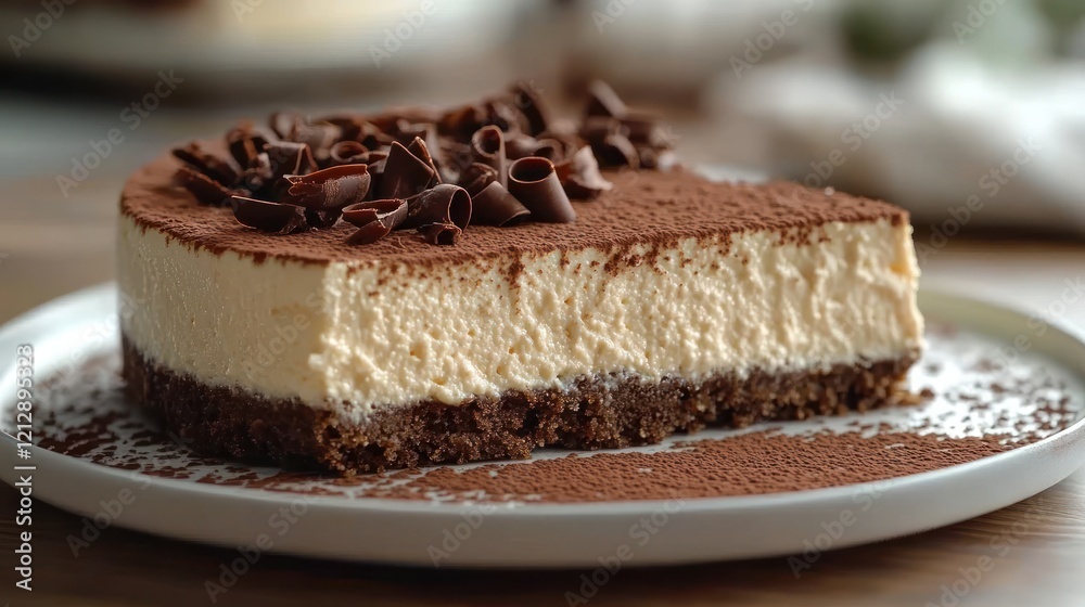 Creamy Tiramisu Cheesecake Slice, Cocoa, Table Creamy Tiramisu Cheesecake Slice, Cocoa, Table