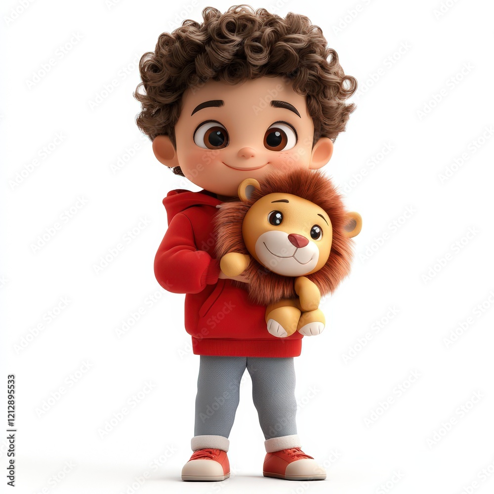 A young boy with curly hair holds a stuffed lion A young boy with curly hair holds a stuffed lion