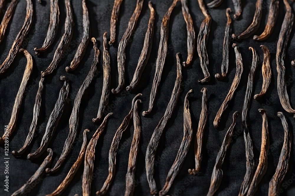 Rows of dried vanilla pods carefully arranged on black cloth for sun-drying. The deep brown pods reflect the meticulous curing process, highlighting the natural preparation of high-quality vanilla