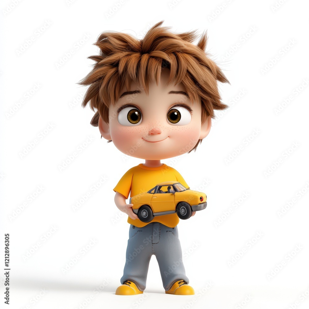 Adorable Cartoon Boy Holding Yellow Toy Car Adorable Cartoon Boy Holding Yellow Toy Car