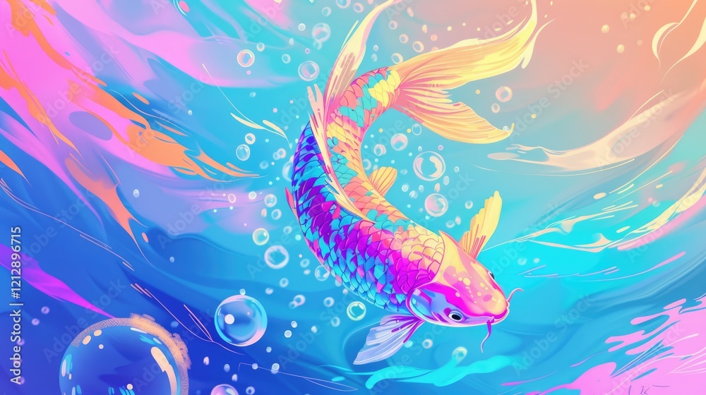 Obraz premium Colorful koi fish swimming under rippled water surface with rain drops