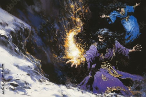 Sorcerer Casting Spell Amidst Snowy Terrain with Second Figure Floating in Background photo