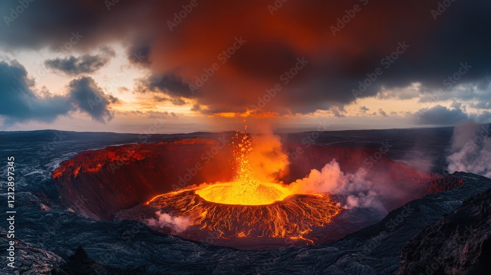 Fototapeta premium A Dramatic Volcanic Eruption Scene with Flowing Lava and Smoky Clouds at Dusk