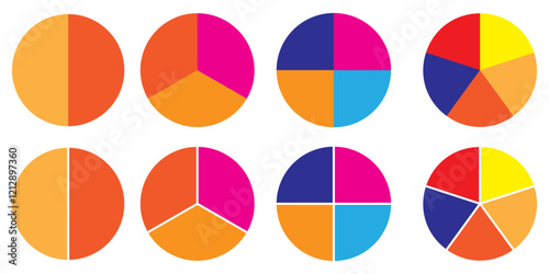 Circle division infographic icon set. Pie chart divided 4,5,6 equal parts. Color pizza or donut round diagram. Pie chart infographic set. Circle diagram collection with sections or parts. 