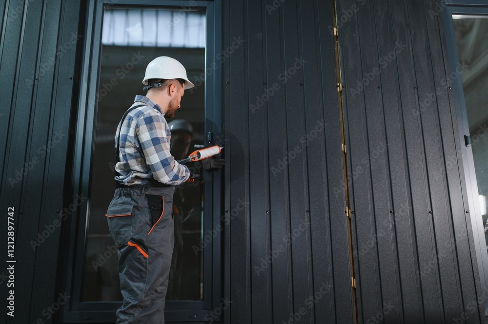 A worker is applying polyurethane foam to fill gap between sash and window frame in prefabricated modular house A worker is applying polyurethane foam to fill gap between sash and window frame in prefabricated modular house