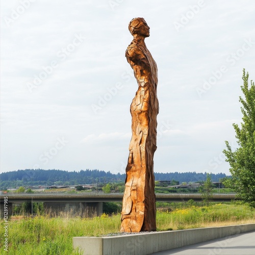 Tall Figure Bronze Sculpture Standing Outdoors Against Horizon With Greenery And Sky