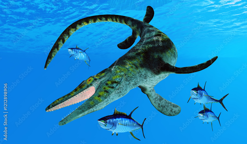 Φωτογραφία Tylosaurus attacks Yellowfin Tuna - Yellowfin Tuna scatter as a Tylosaurus swims after them during the Cretaceous Period
