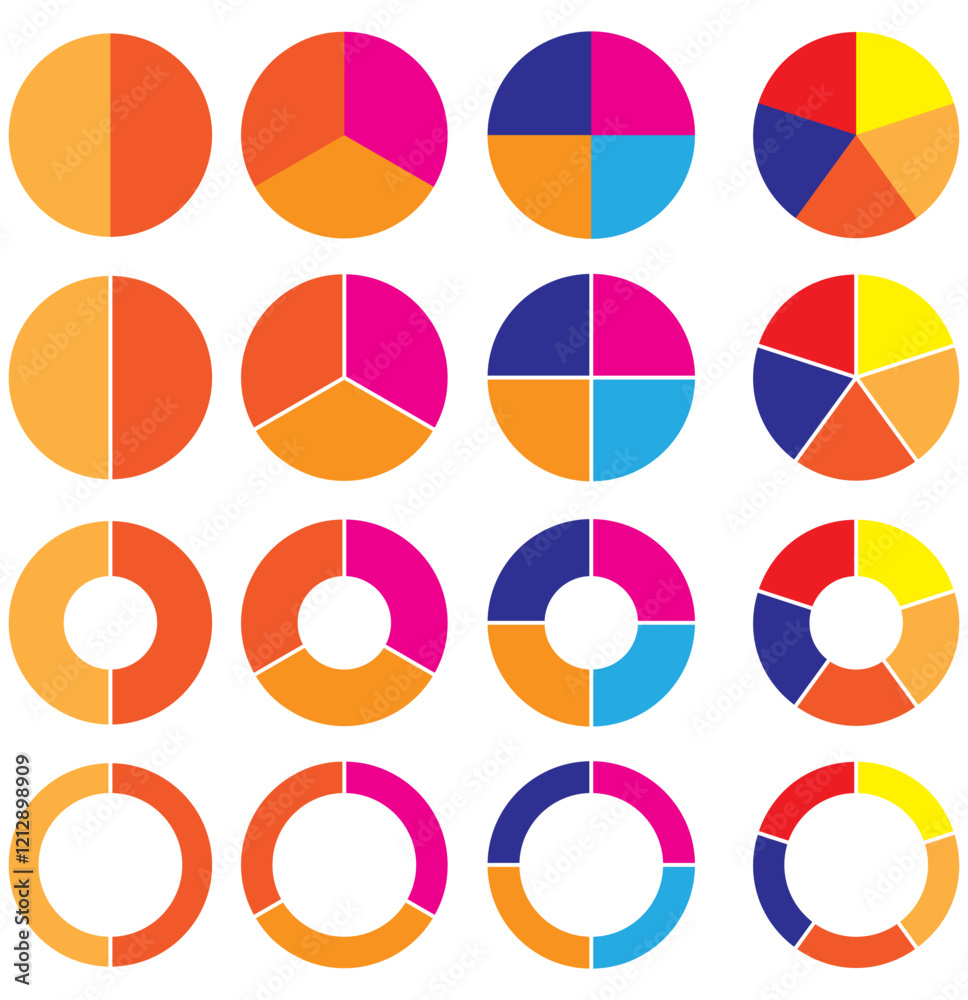 Circle division infographic icon set. Pie chart divided 4,5,6 equal parts. Color pizza or donut round diagram. Infographic wheel segment and fraction. Vector illustration isolated on white background. Circle division infographic icon set. Pie chart divided 4,5,6 equal parts. Color pizza or donut round diagram. Infographic wheel segment and fraction. Vector illustration isolated on white background.