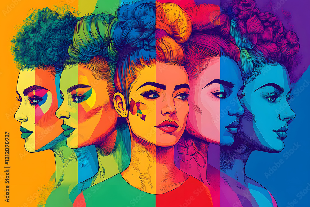 Fototapeta premium Pop art illustration, banner, texture or background depicting the pride day and the LGBT community with diverse people