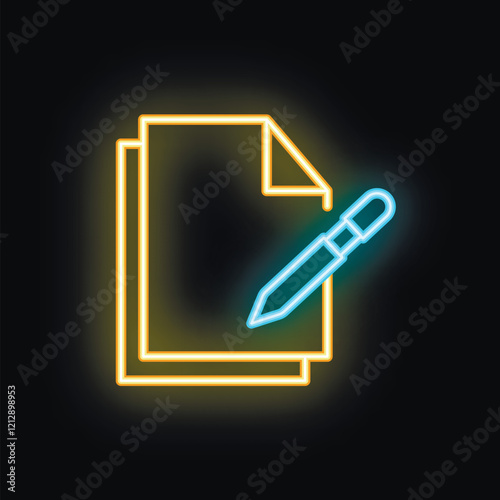 Neon icon of a pen writing on documents, symbolizing content creation