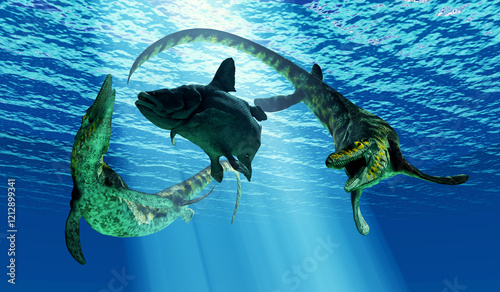 Tylosaurus Reptiles attack Mawsonia Fish - A Mawsonia fish is caught between two Tylosaurus marine reptiles during the Cretaceous Period. photo