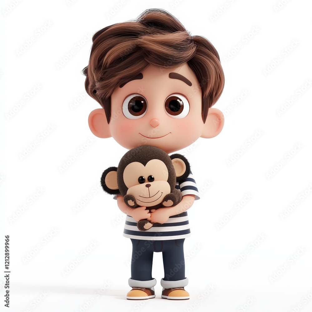 Adorable Cartoon Boy Hugging a Stuffed Monkey Toy Adorable Cartoon Boy Hugging a Stuffed Monkey Toy