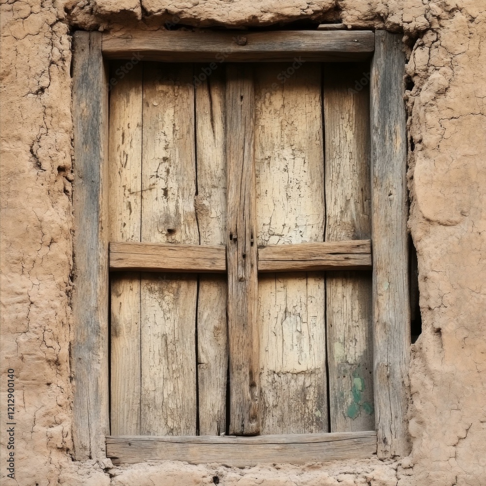 Weathered Wooden Window Shutters in Adobe Wall with Cracked Paint and Rustic Texture Surface Weathered Wooden Window Shutters in Adobe Wall with Cracked Paint and Rustic Texture Surface