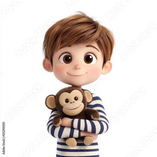A happy boy lovingly hugs his monkey toy