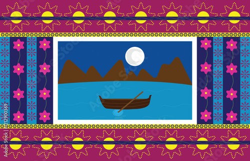 Pakistani truck art with a beautiful illustration of boat in river 