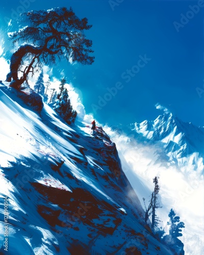 Snow Peak Adventure Person Walking With a Tall Tree and Mountains Background Sky Blue