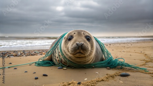 Environmental Tragedy.  A Grey Seal at Horsey Beach in Norfolk England, tragically caught in a section of fishing net. photo