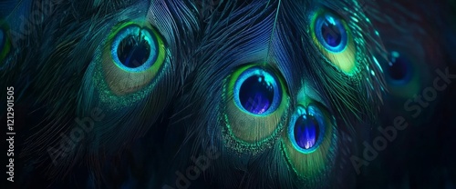 A stunning natural backdrop with a vibrant texture, adorned with peacock feathers, captured in a panoramic view