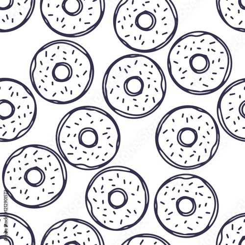 Donut seamless pattern. Hand drawn line dessert background blue on white. Yummy backdrop